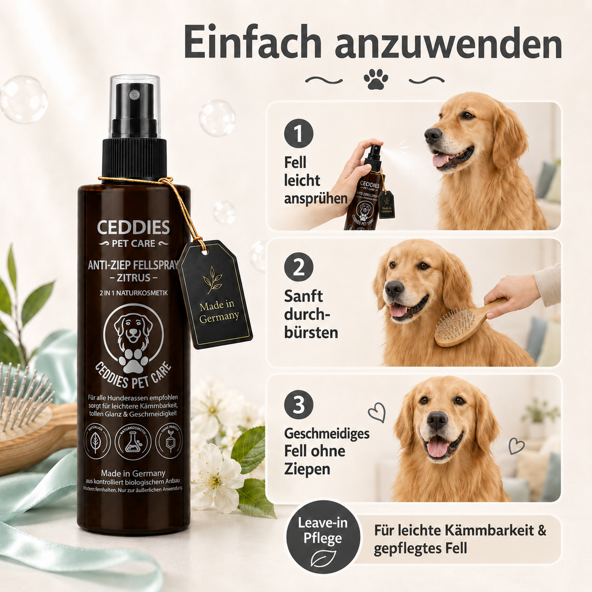 Ceddies Anti-Ziep Fell-Spray – Leichteres Bürsten bei Knoten & Verfilzungen